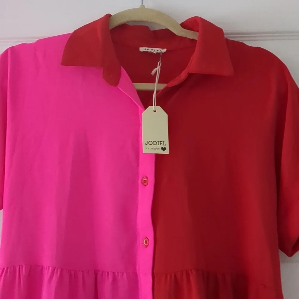 Neon Pink and Red Button-Up Dress | Small | NWT - Picture 3 of 8